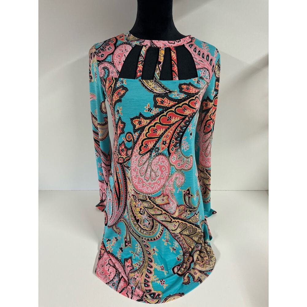 Fashion Queen Boho XS Paisley Shift Dress Long Sleeve Teal Pink Hippy